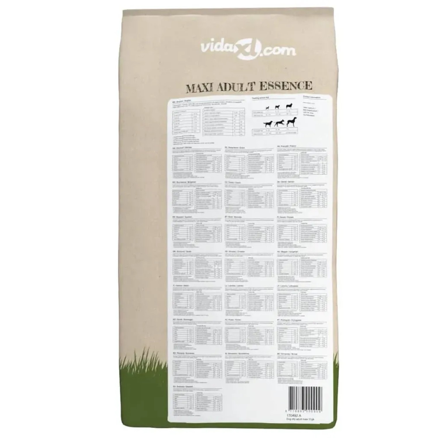 Rückseite des vidaXL Maxi Adult Essence Trockenfutters 15 kg für Hunde mit Nährwerttabelle und Fütterungsempfehlungen.