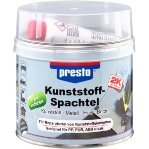 Presto Kunststoffspachtel 1kg Dose, geeignet für Auto, Boot, Haus. Zum Reparieren von Kunststoffelementen.