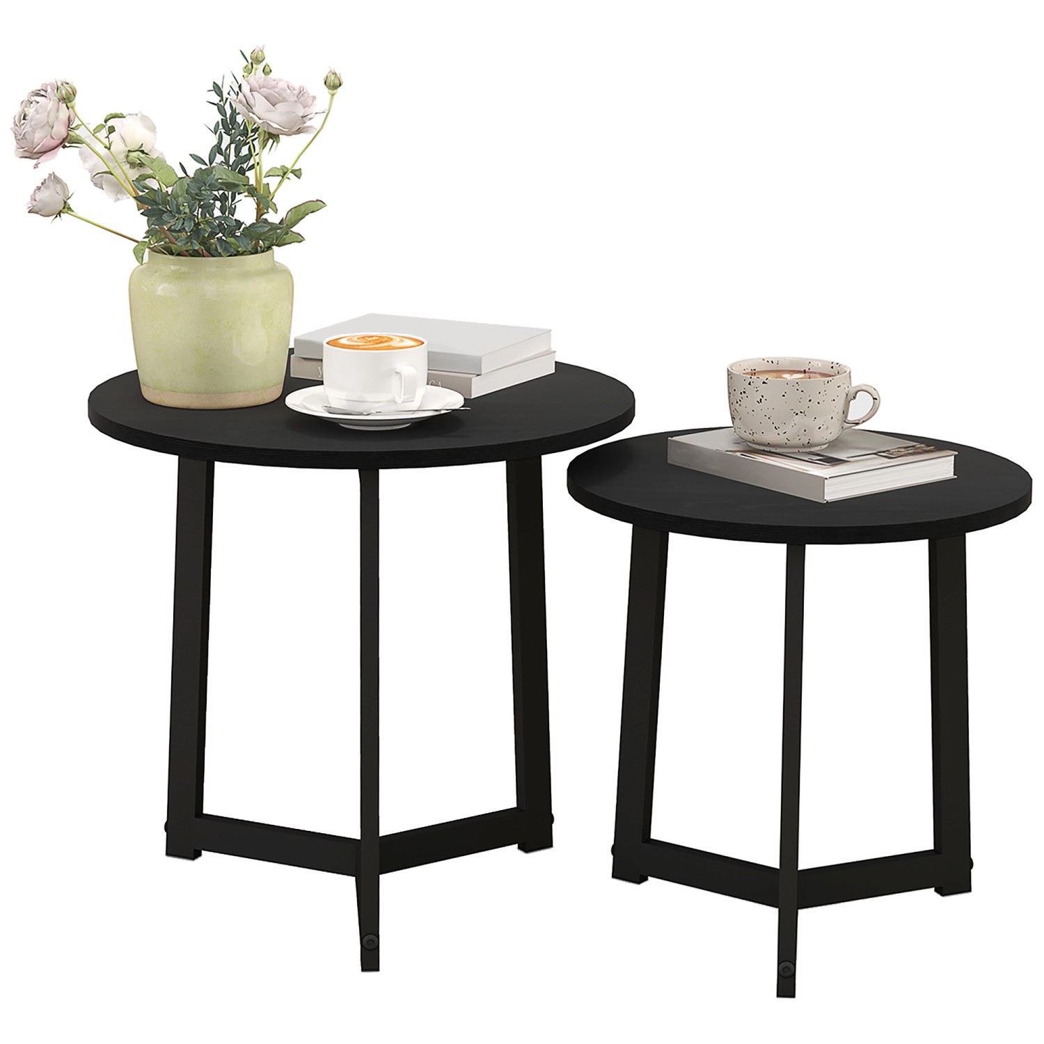 HOMCOM Couchtisch Set Couchtisch MDF Stahl Schwarz Ø48 x 45H cm