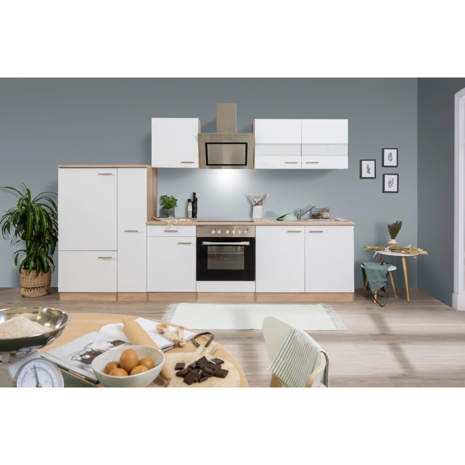Respekta Economy Küchenzeile/Küchenblock KB300ESWSC 300 cm Weiß-Eiche Sägerau