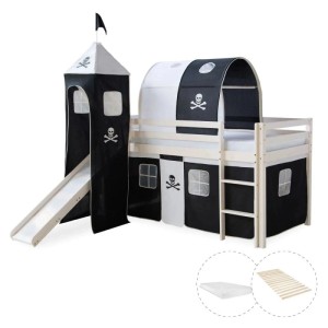 Weißes Hochbett 90x200 mit Rutsche, Turm und Piraten-Vorhang. Inkl. Lattenrost und Matratze.