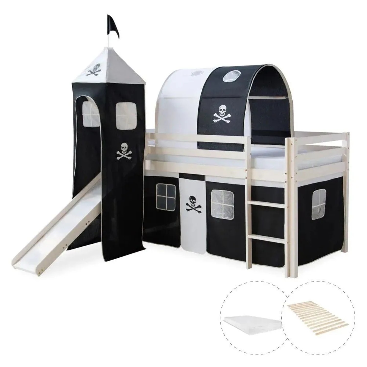 Homestyle4u Hochbett 90x200 Vorhang Lattenrost Matratze Rutsche Tunnel Turm Weiß Pirat 2549