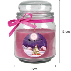 Lila Duftkerze im Glas mit Weihnachtsmotiv (Weihnachtsbaum, Schlitten). Brenndauer: 70h.