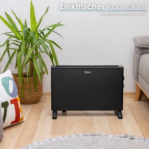 Schwarzer Zilan Konvektor ZLN-2044, 2000 W, freistehend im Wohnraum.