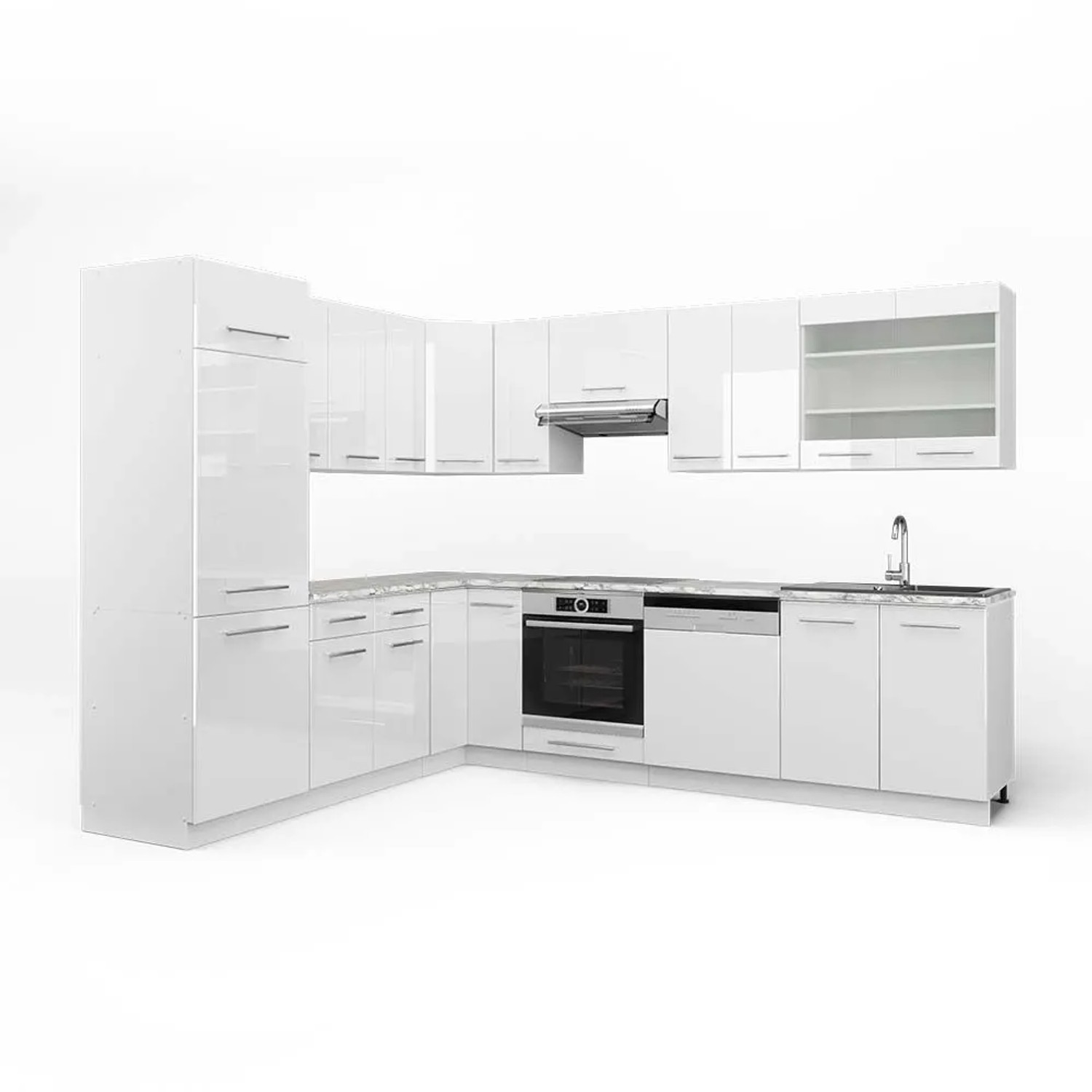 Vicco Eckküche Fame-Line Weiß Hochglanz/Weiß 287 x 82, AP Marmor
