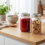 Transparente Einmachgläser (500 ml) mit silbernen Deckeln, gefüllt mit Marmelade und Müsli, auf Holzarbeitsplatte. Für Aufbewahrung.