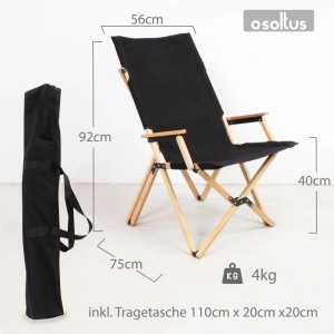 osoltus Faltsessel Naomi: schwarzer Campingsessel aus Buche mit Armlehnen, aufgeklappt. Inkl. Tragetasche. 56x75x92 cm.