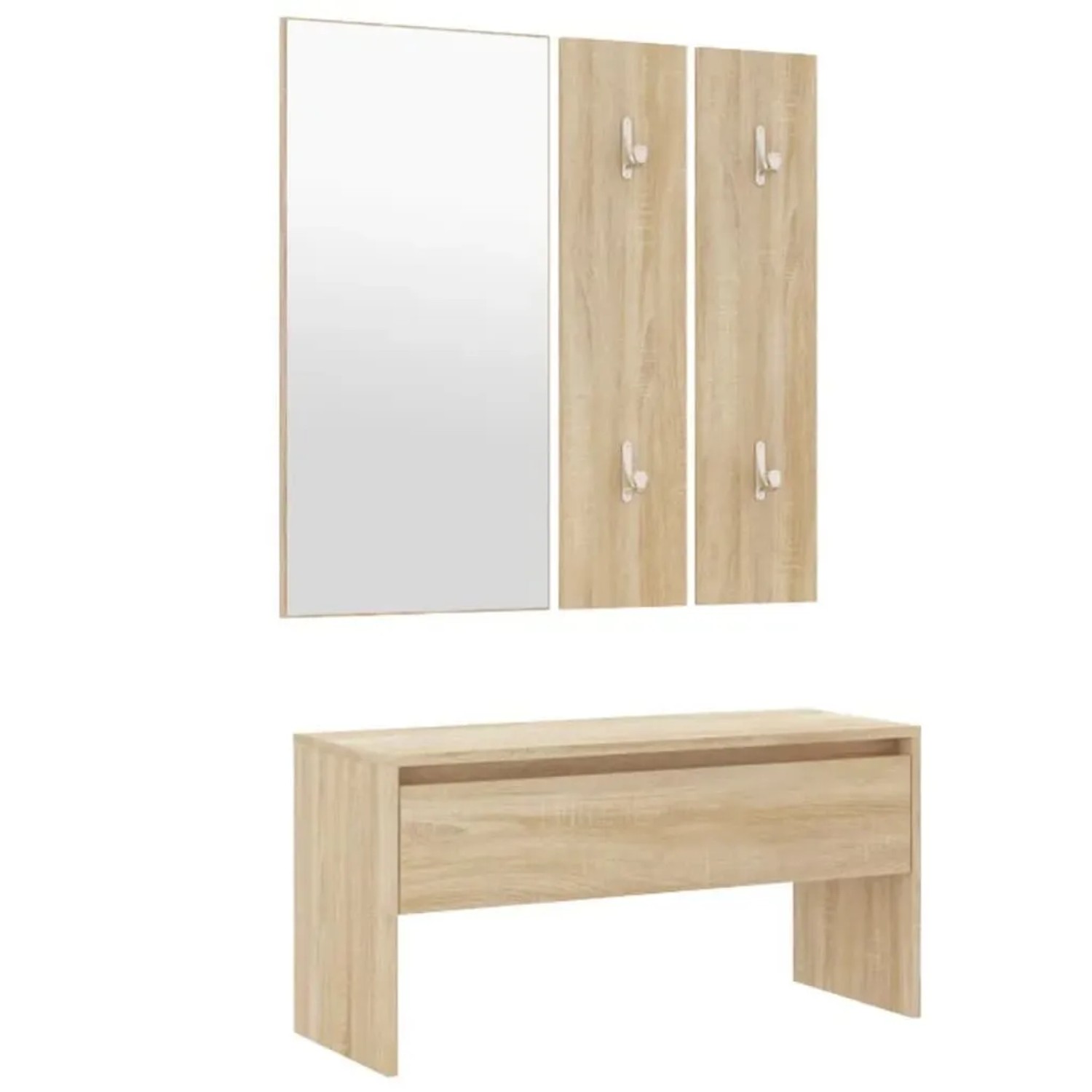vidaXL Flurmöbel-Set Sonoma-Eiche: Bank, Spiegel, Garderobe, Box mit Schublade.