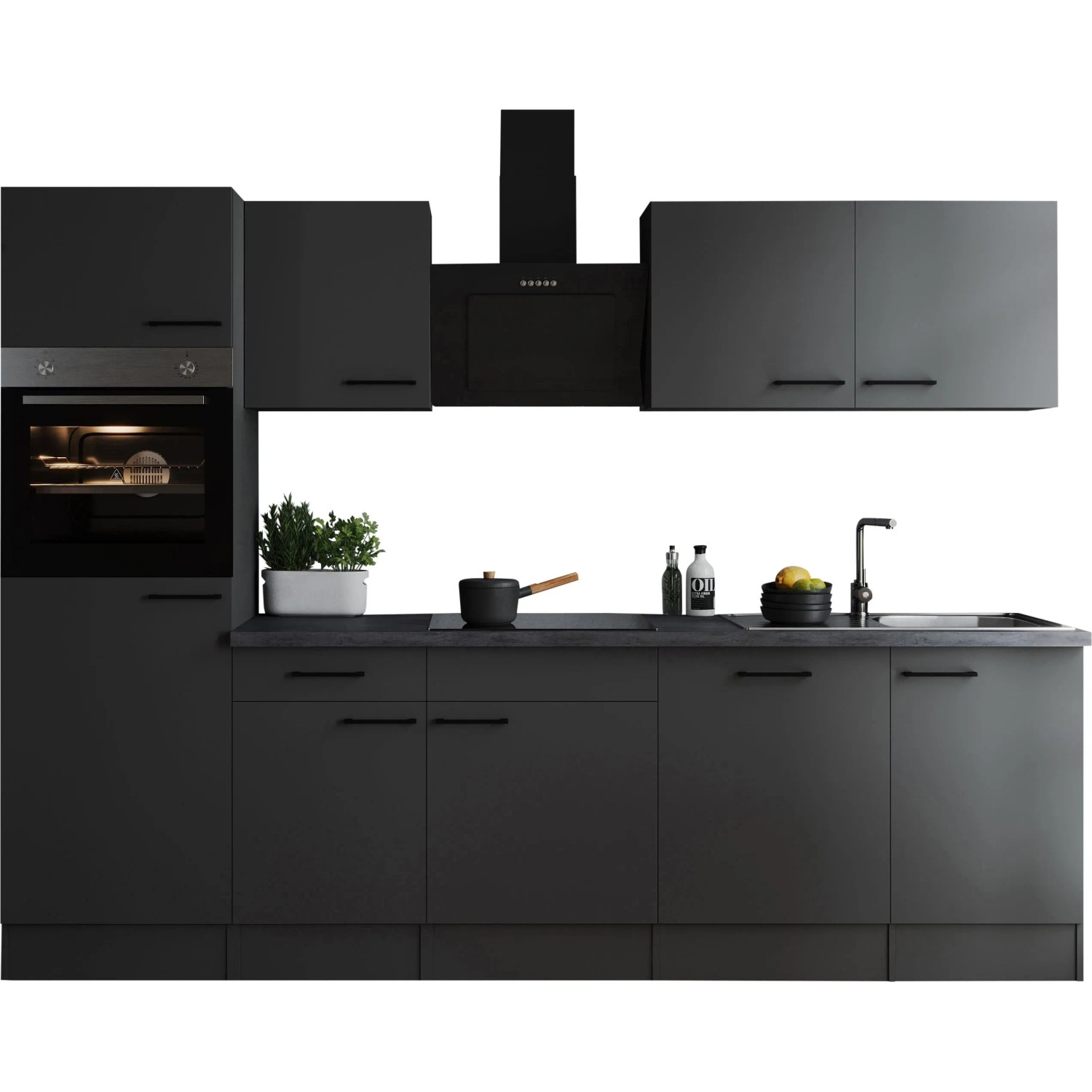 Respekta Küchenzeile Oliver 280 cm Grau Matt mit E-Geräten und Spüle.