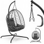 Grauer Hängesessel in Rattan-Optik mit schwarzem Gestell und weichen Kissen. Ideal für Garten, Balkon & Indoor.