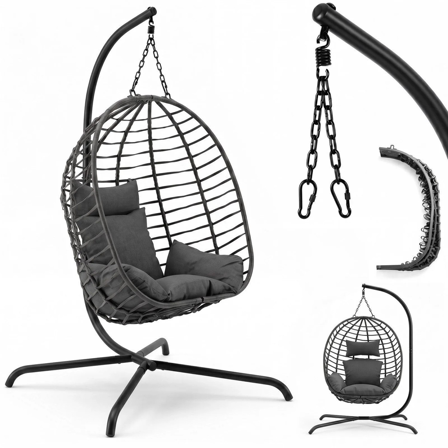Sekey Hängesessel mit Gestell Hängekorb Rattan Klappbar Hängestuhl Schaukel mit Kissen bis 150 kg Belastbar für Garten Balkon sowie Indoor Outdoor