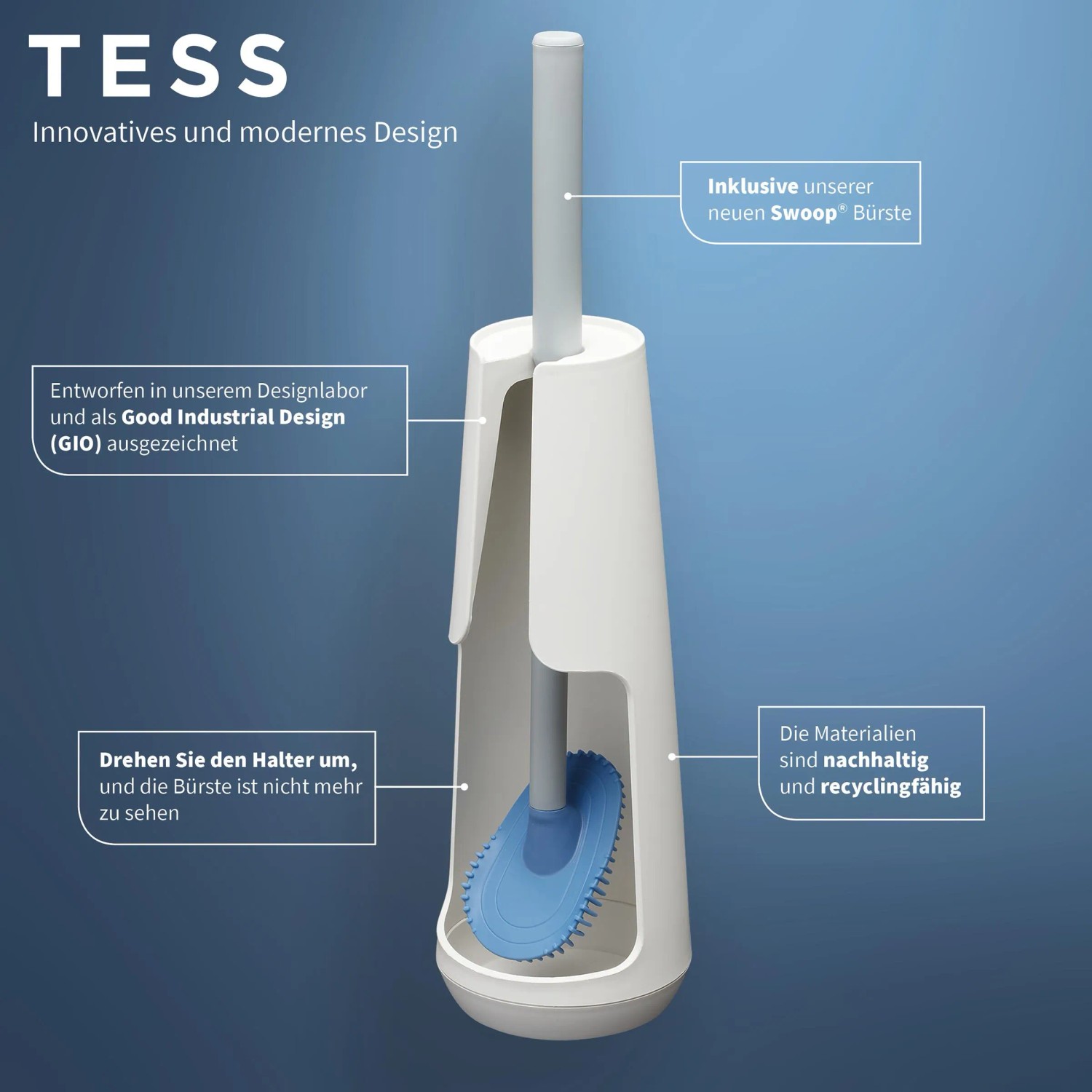 Tiger Tess WC-Bürstenhalter mit Swoop® Bürste, weiß/hellgrau. Freistehendes Badzubehör für moderne Badgestaltung.