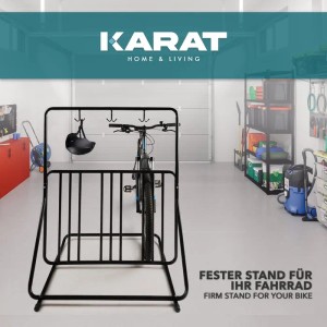KARAT Fahrradständer Tony mit Fahrrad, Helm und 3 Haken für Zubehör im Outdoorbereich.