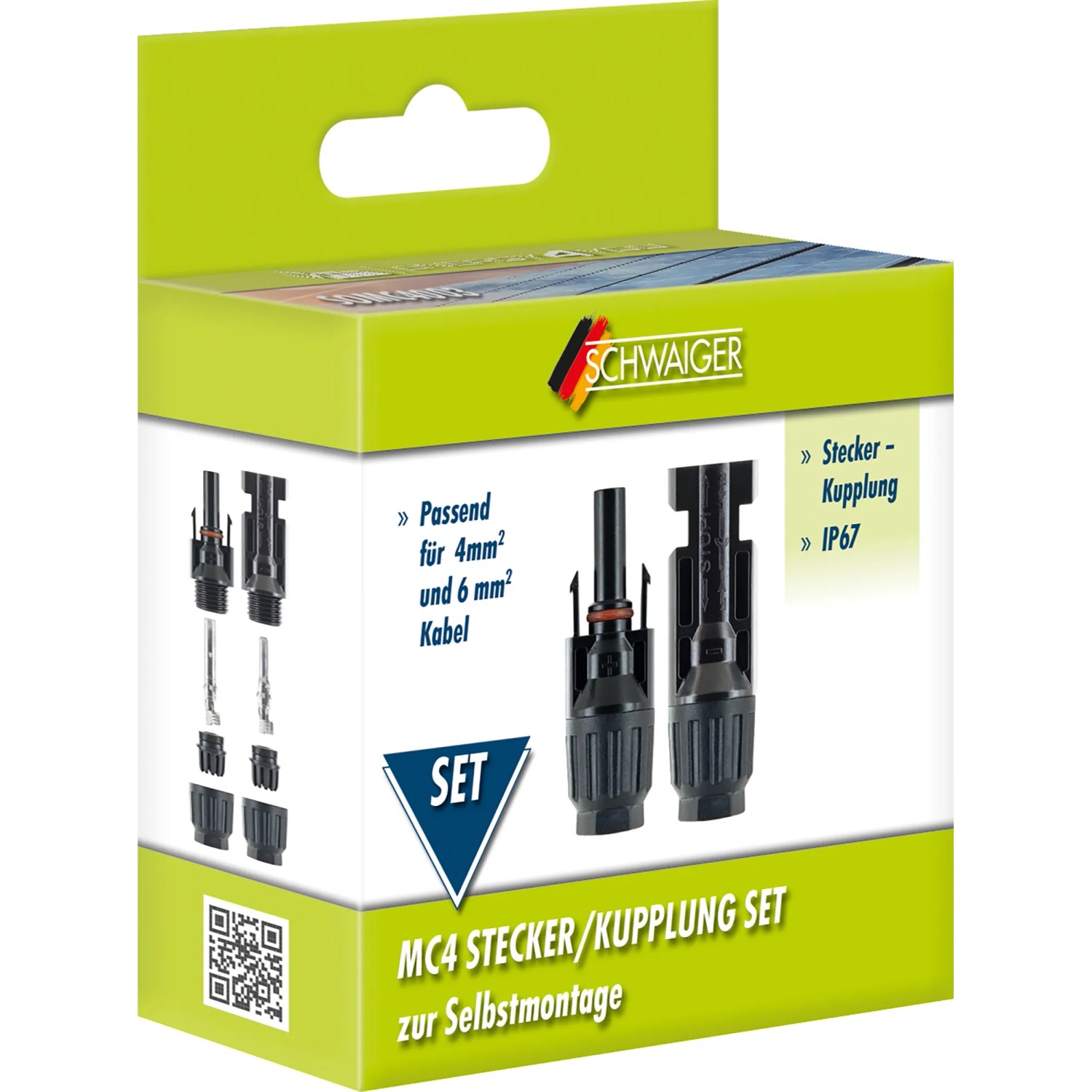 Schwaiger Solar-Stecker/Kupplung Set in Verpackung, geeignet für Solaranlagen.