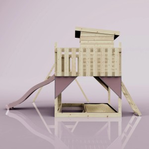 PolarPlay Spielturm Alma mit Rutsche, Schaukel und Leiter aus Holz, altrosa Akzente.