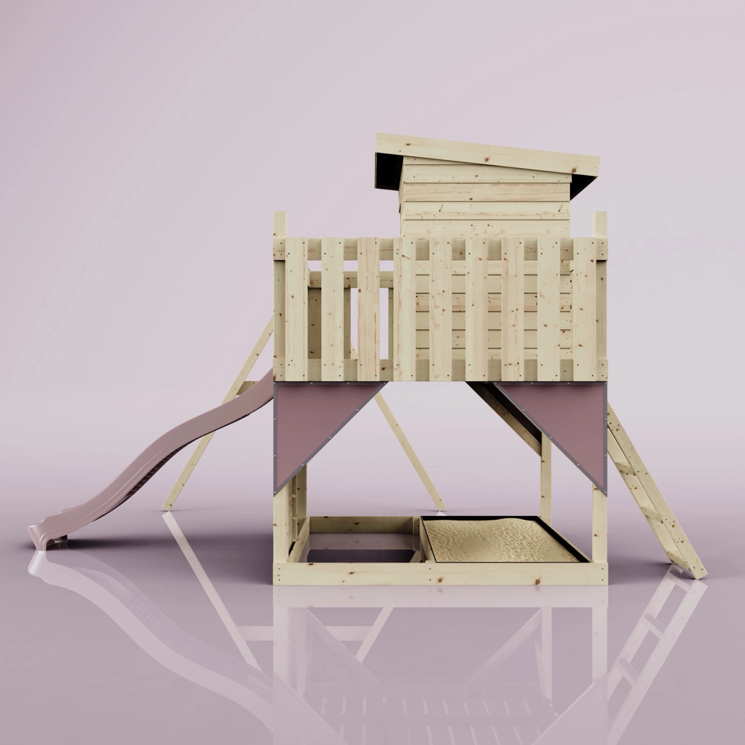 PolarPlay Spielturm Alma mit Rutsche, Schaukel und Leiter aus Holz, altrosa Akzente.