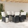 Schwarze 7-tlg. vidaXL Garten Essgruppe aus Polyrattan mit Kissen.