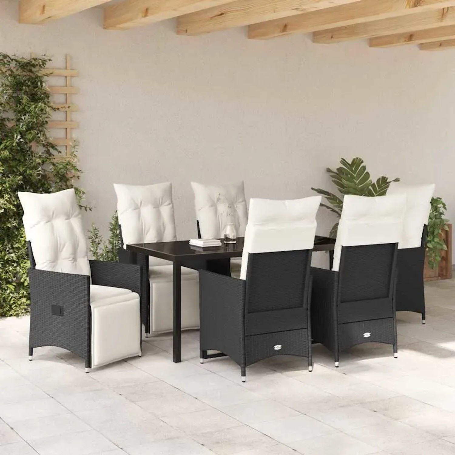 Schwarze 7-tlg. vidaXL Garten Essgruppe aus Polyrattan mit Kissen.