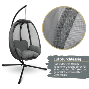 Grauer deluxe4home Hängesessel mit Gestell und Kuscheldecke für Indoor & Outdoor.
