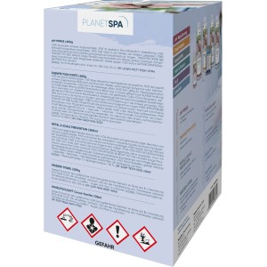 Planet Spa Grundausstattung Chlor-Methode: Set mit Teststreifen, Desinfektion, Balance Plus/Minus und Messlöffel.