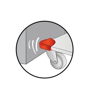 Detailaufnahme Transporthilfe Protection mit rotem Kantenschutz und Rolle.