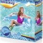 Verpackung des Bestway Poolsitz Lazy Lounge, blau, mit Frau im Pool.