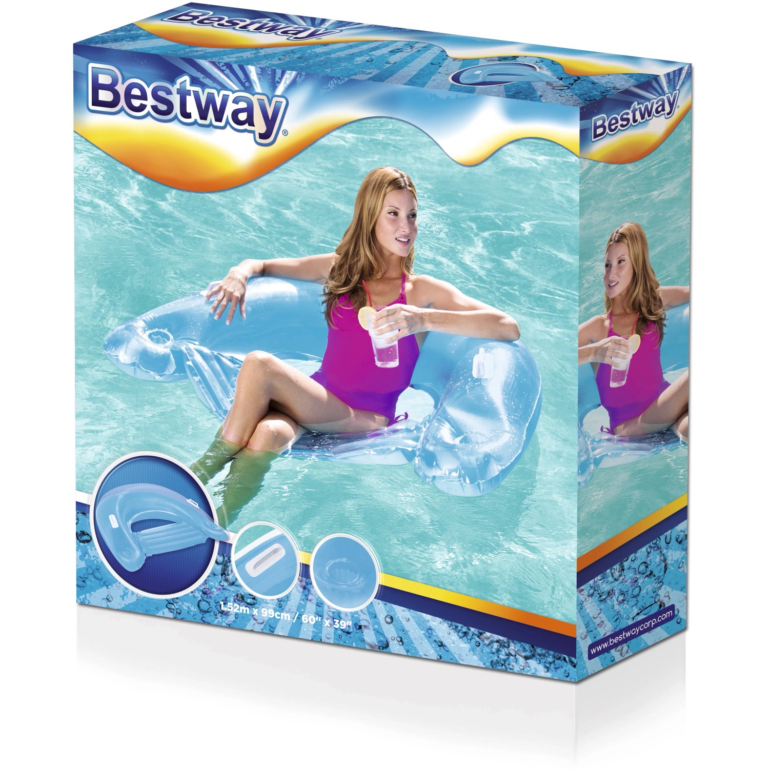 Verpackung des Bestway Poolsitz Lazy Lounge, blau, mit Frau im Pool.