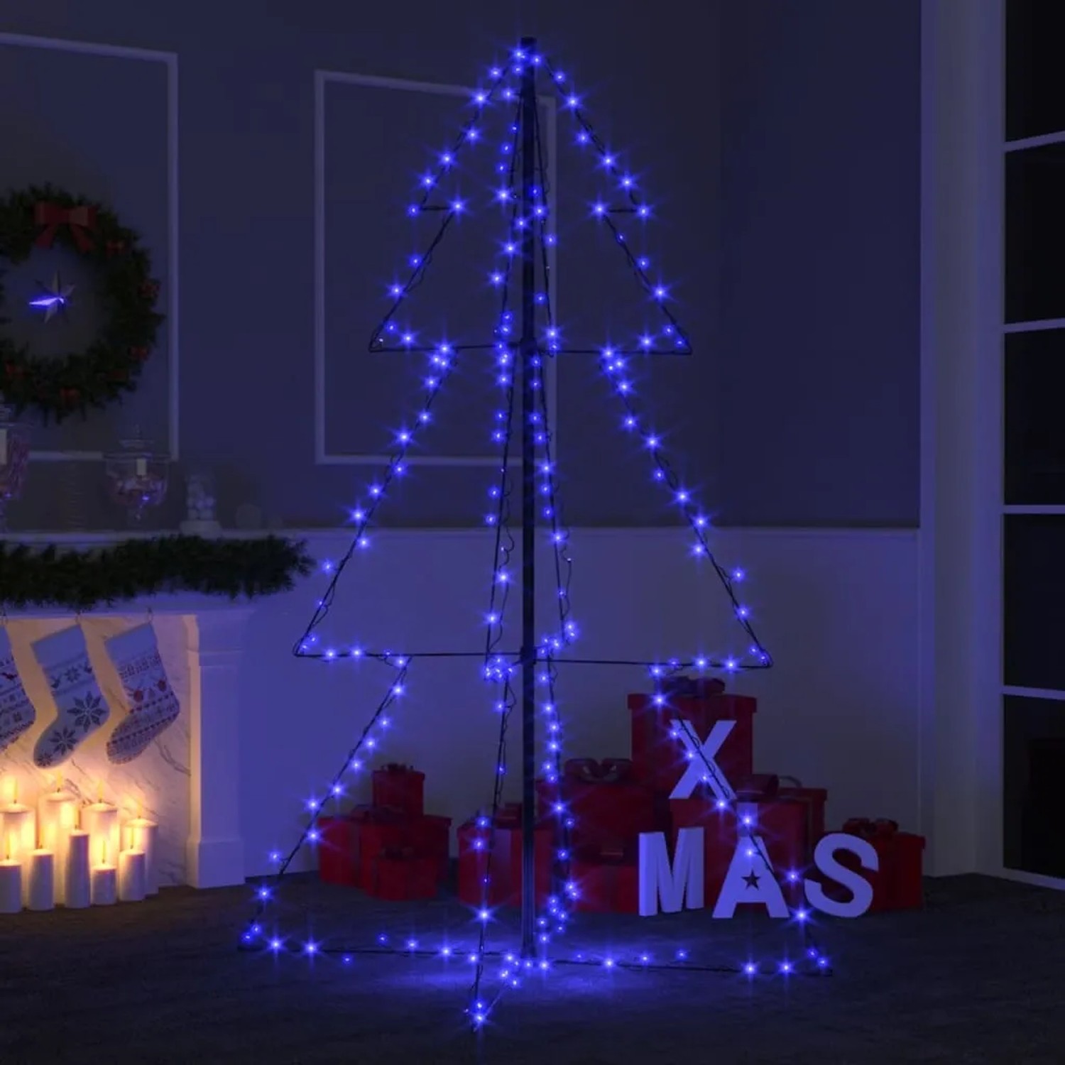 Blauer vidaXL Weihnachtskegelbaum mit 200 LEDs für Innen und Außen, 150cm hoch.