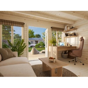Innenansicht: Graues Palmako Lisa Holz-Gartenhaus mit Pultdach als Wohnraum mit Möbeln.