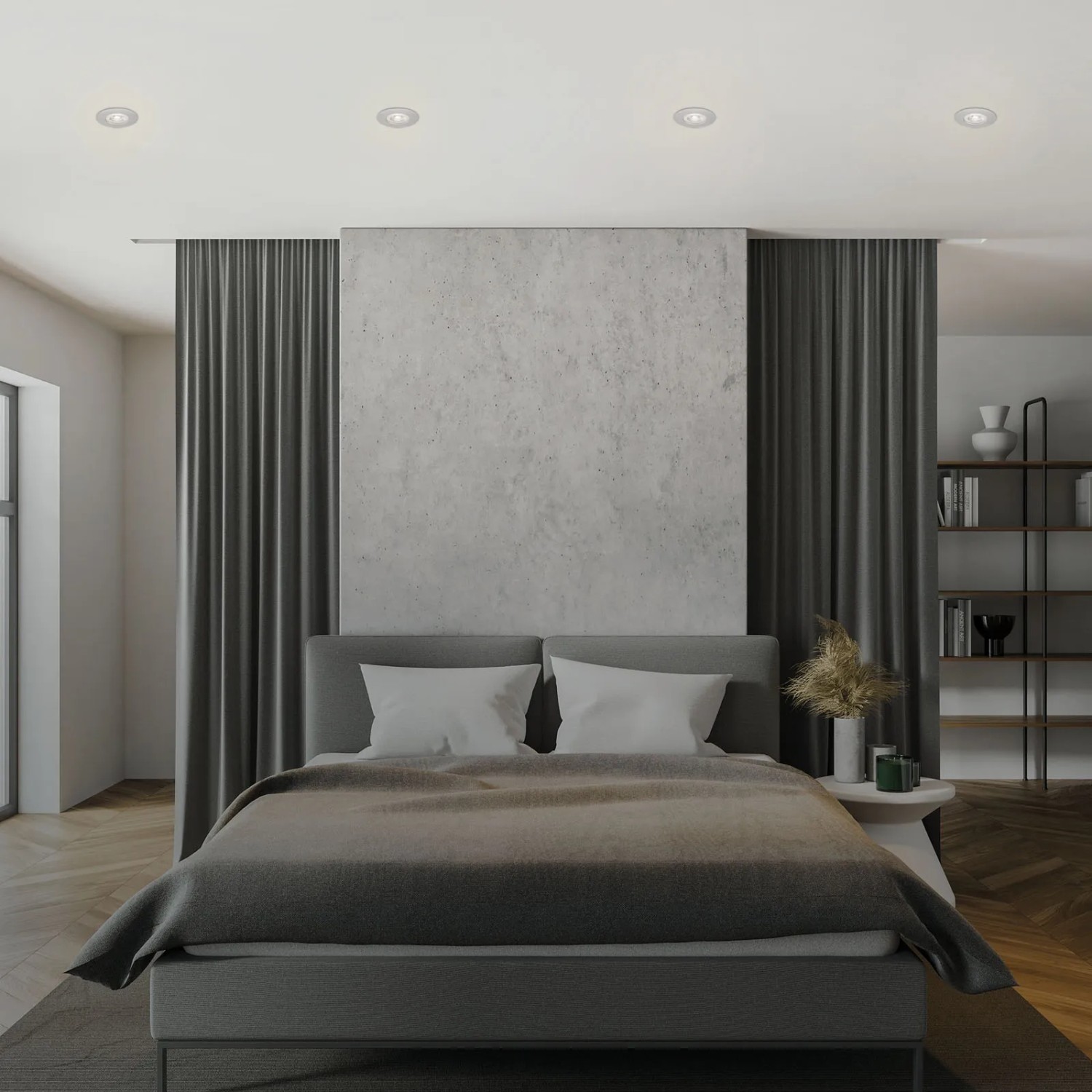 Schlafzimmer mit vier dimmbaren Brilo LED-Einbauleuchten Kulana, Chrom matt.