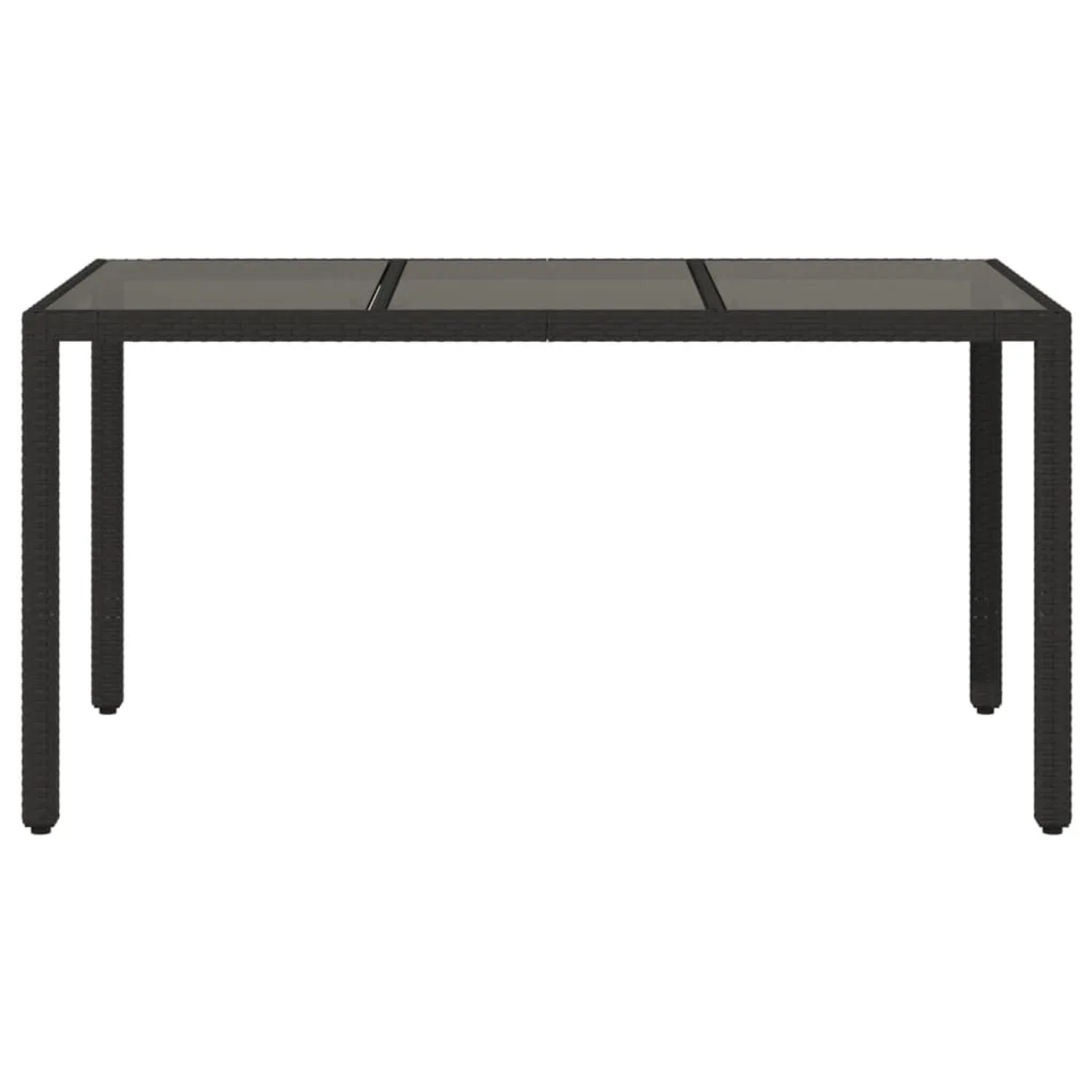 Schwarzer vidaXL Gartentisch mit Glasplatte, 150x90 cm, aus Poly Rattan.