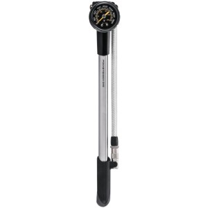 Topeak Pocket Shock DXG XL Handpumpe, silber, mit Manometer und flexiblem Schlauch für präzise Druckeinstellung.