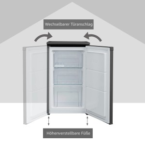 Telefunken Gefrierschrank mit geöffneten Türen, 3 Schubladen sichtbar.
