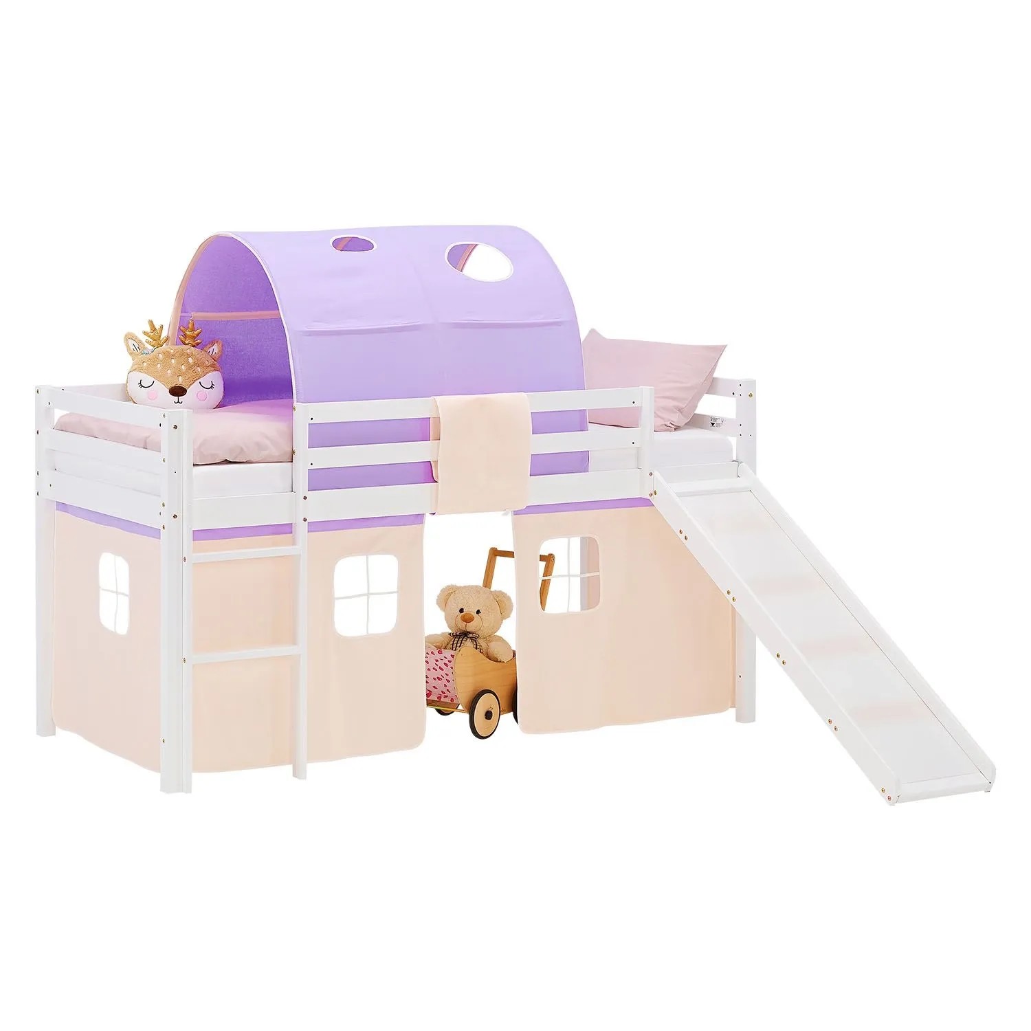Homestyle4u Kinder Hochbett 90x200 Rutsche Peach Lila Kinderbett 2958