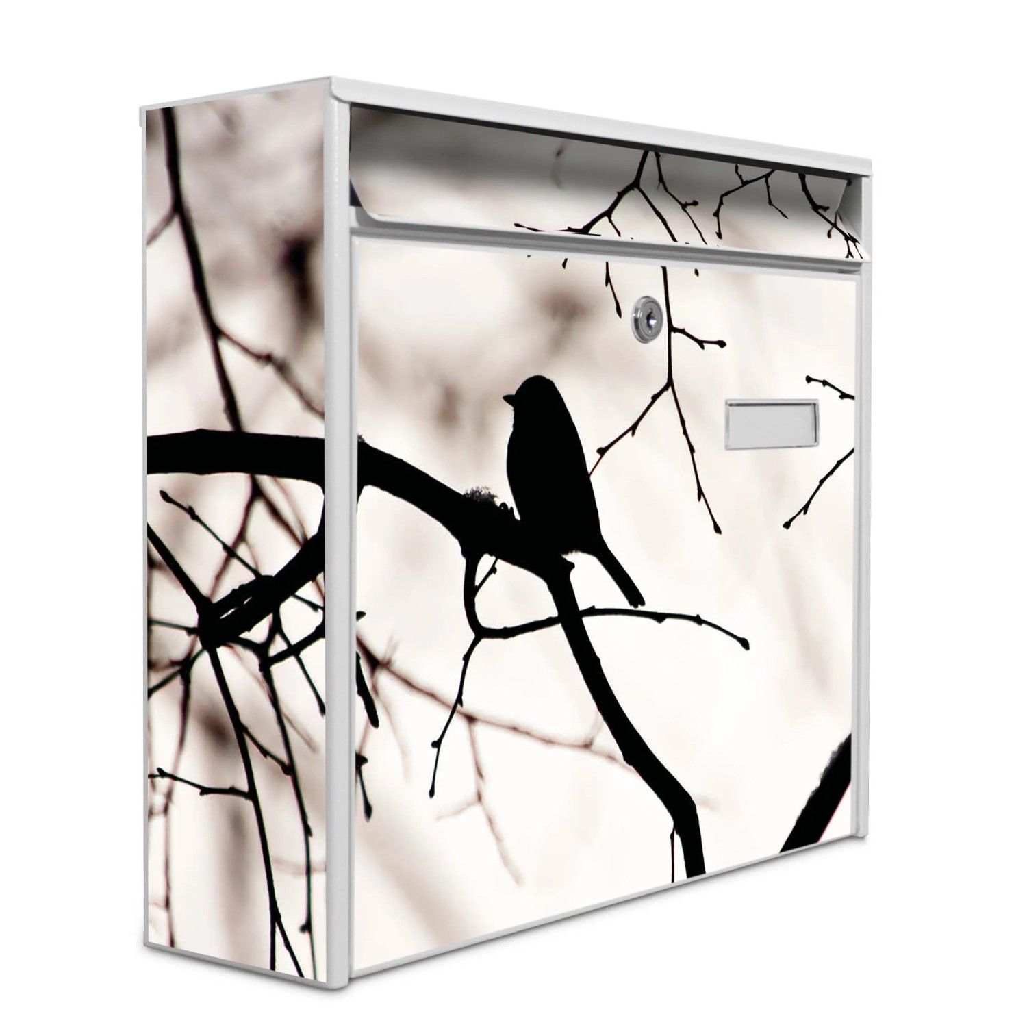 Weißer Banjado Briefkasten mit Vogel-Motiv, inkl. Montagematerial und Schlüsseln.