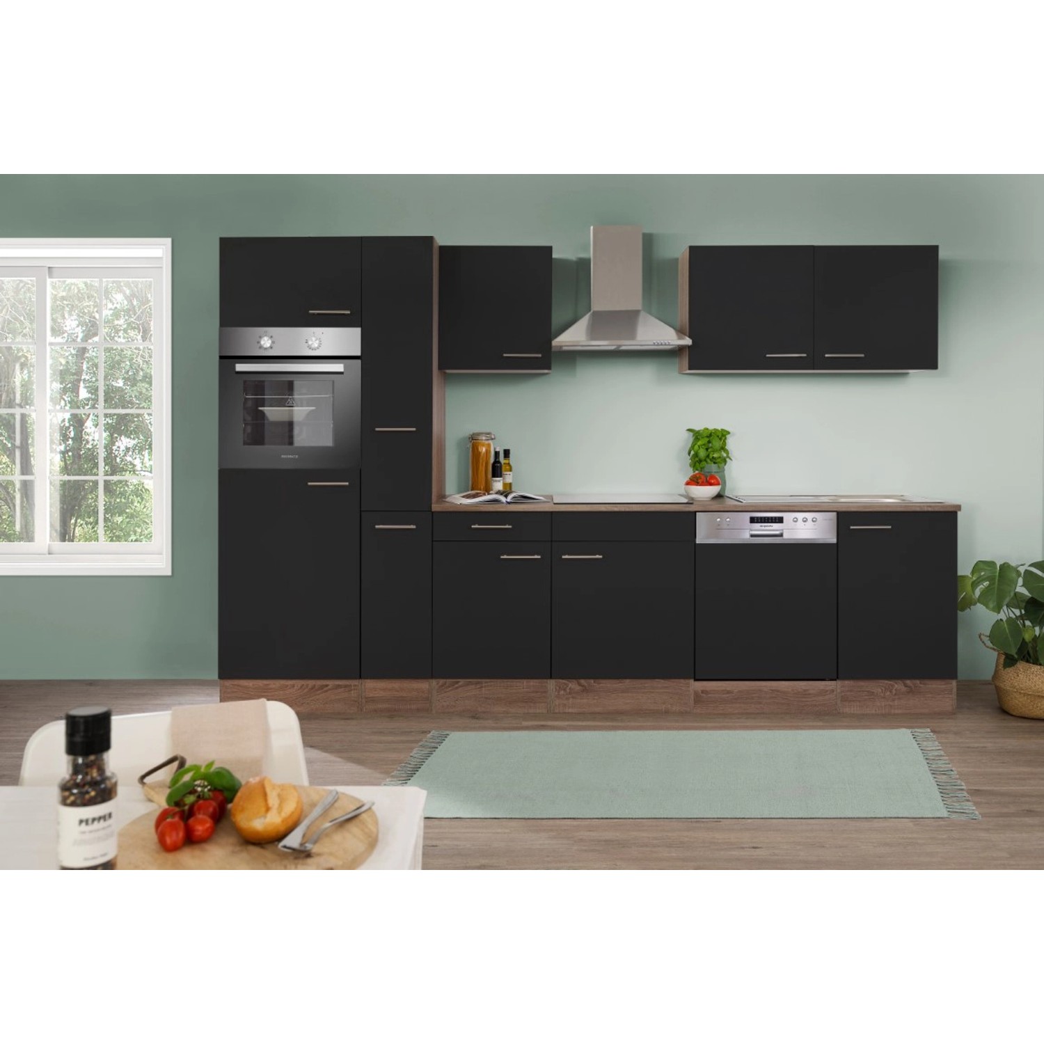 Respekta Küchenzeile/Küchenblock KB310EYS 310 cm Schwarz Seidengl.-Eiche York Nachbildung