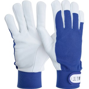 LUX Arbeitshandschuhe Teilleder Gr. 9, weiße Handfläche, blauer Handrücken und Stulpe.