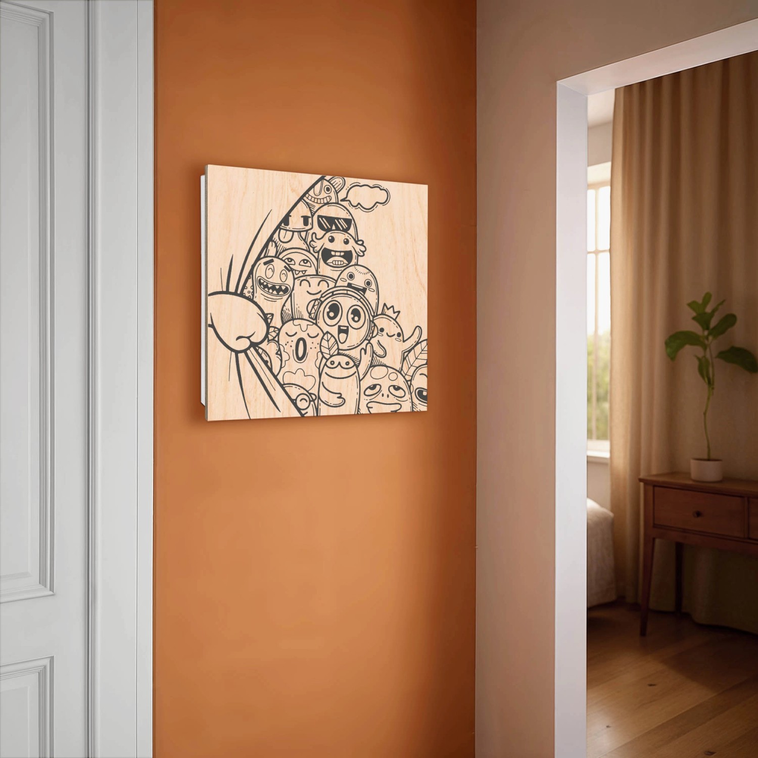 Banjado Schlüsselbox mit Monsterparty-Motiv. Schlüsselkasten aus Holz, weiß, mit 50 Haken, Scharnier rechts.