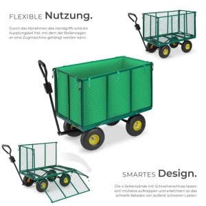 Grüner Tectake Bollerwagen mit klappbaren Seitenwänden und Luftreifen.