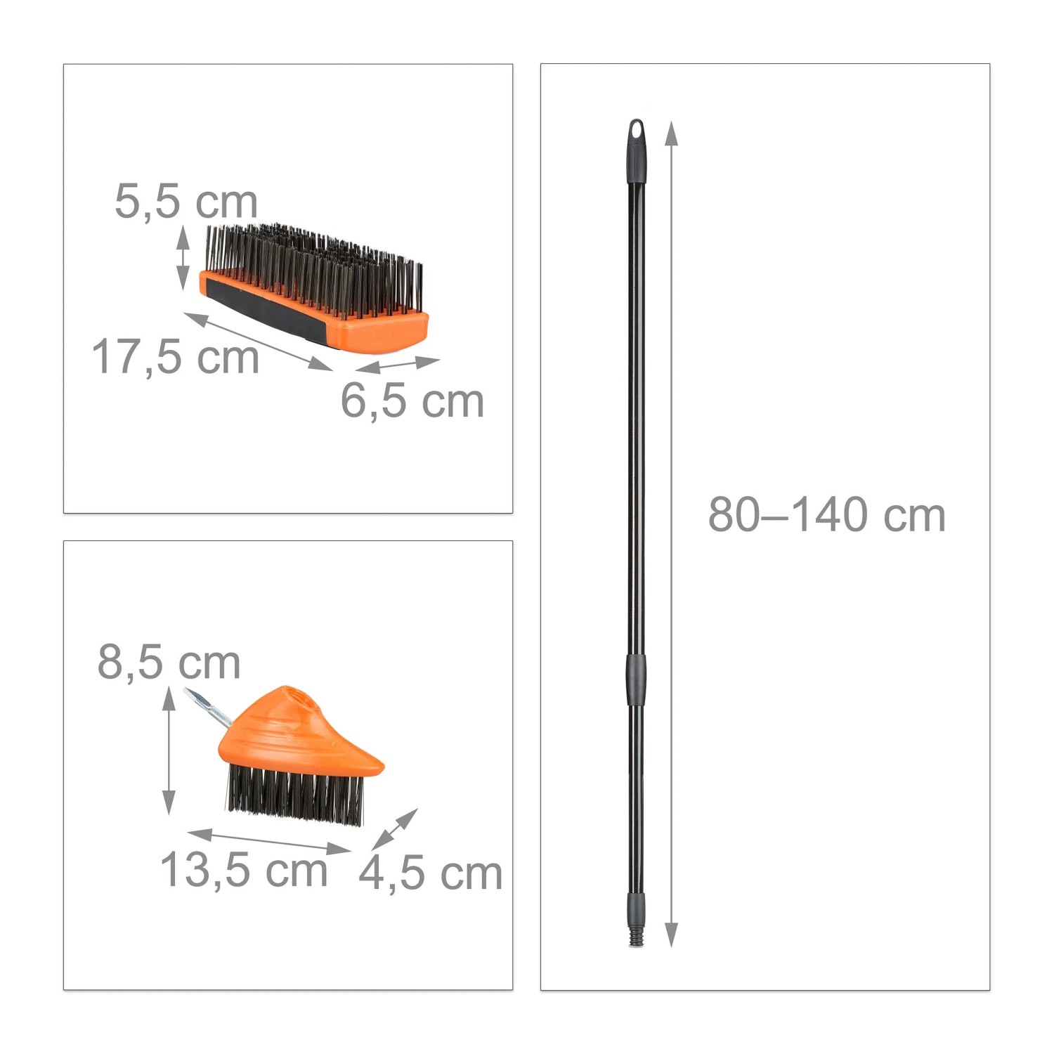 Relaxdays Fugenbürsten Set mit Teleskopstiel (80-140cm) und 2 Bürstenaufsätzen mit Maßangaben.