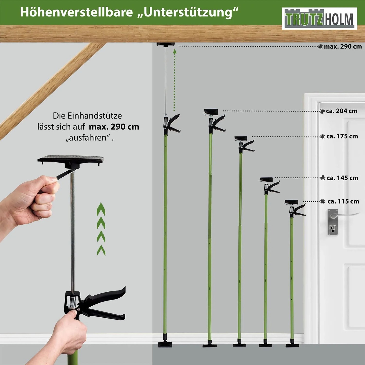 TRUTZHOLM Einhandstützen im Set, teleskopierbar von 115 bis 290 cm, zur Deckenmontage und zum Abstützen.