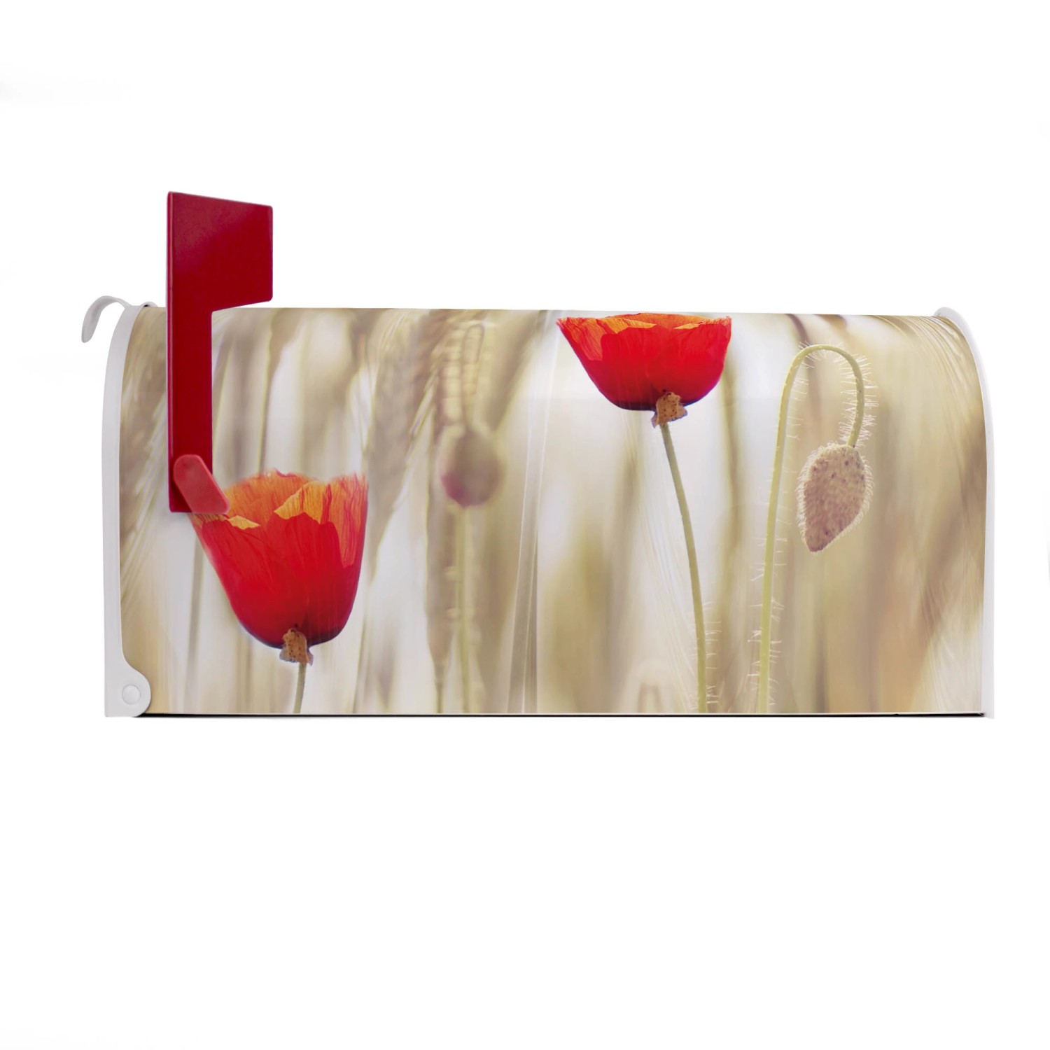 Weißer US Briefkasten mit Klatschmohn Motiv. Amerikanischer Postkasten aus Stahl, pulverbeschichtet.