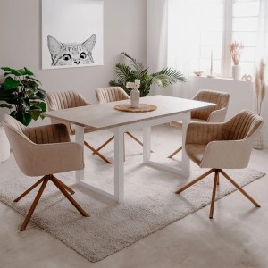 Ausziehbarer, rechteckiger Esstisch Homestyle4u 120x80 in Weiß mit Stühlen im Esszimmer.