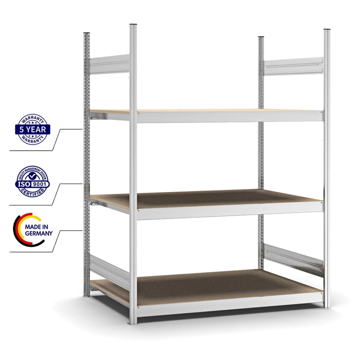 Verzinktes PROREGAL Weitspannregal mit 3 Spanplatten-Ebenen, Fachlast 350 kg, 200x150x80 cm.