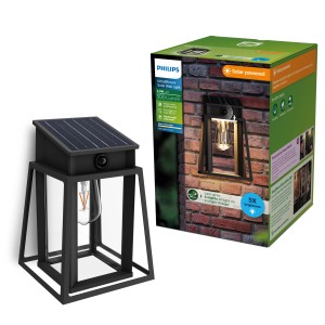 Philips Lysin Solar-Wandleuchte, schwarz, mit Solarpanel und Glühbirne in Metallrahmen.