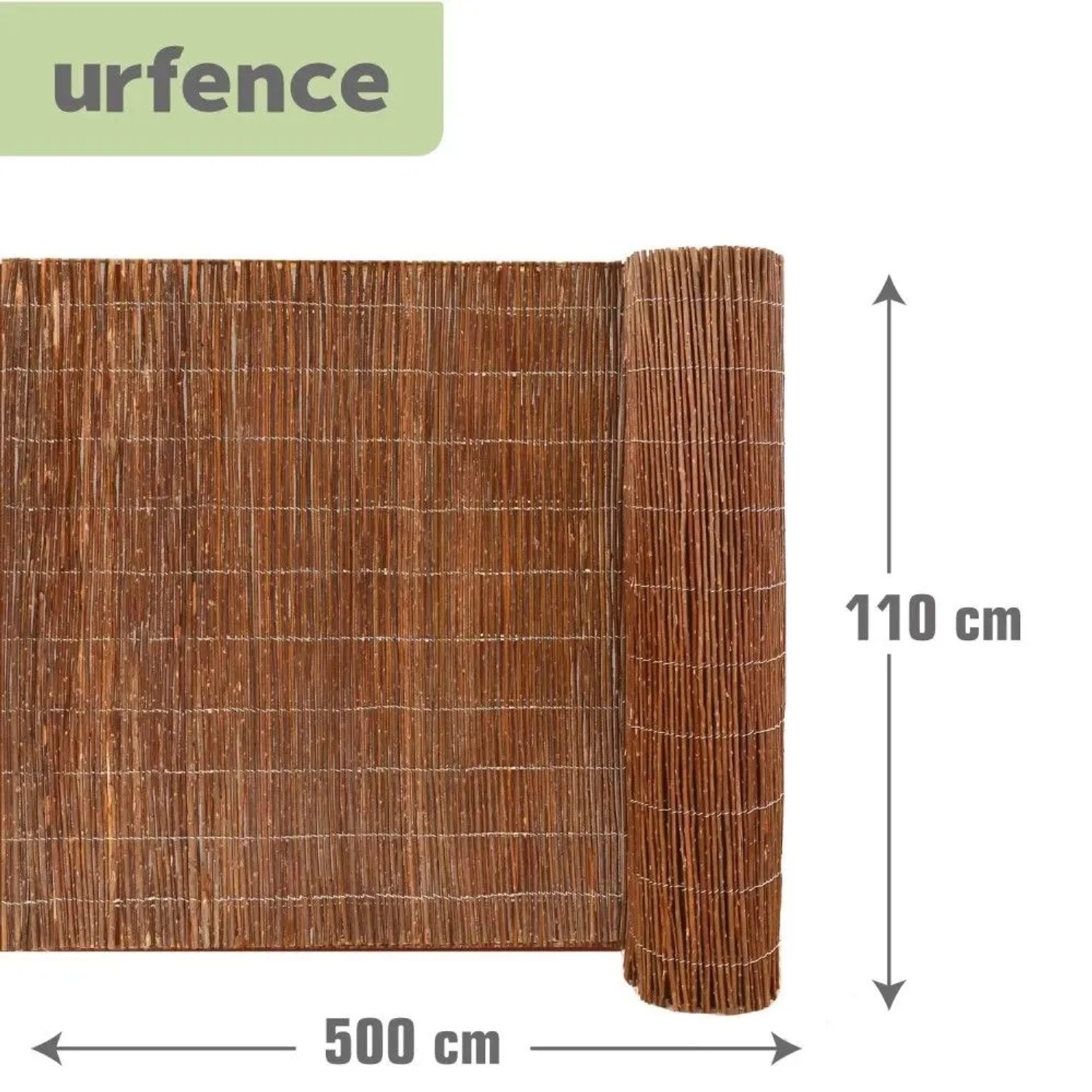 Brauner urfence Weiden-Sichtschutz, 110x500 cm, als Rolle und ausgerollt. Ideal für Balkon & Garten.