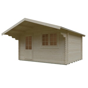Unbehandeltes Kiehn-Holz Gartenhaus KH 44-025, 380x280 cm, mit Tür und Fenster.