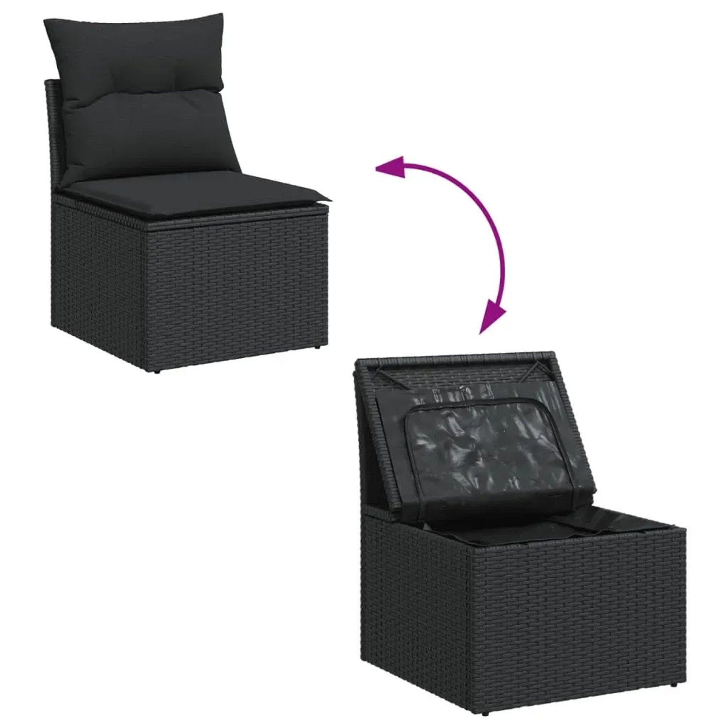 vidaXL Garten-Sofagarnitur, 8-teilig, schwarz, Poly Rattan, mit Stauraum und Kissen.