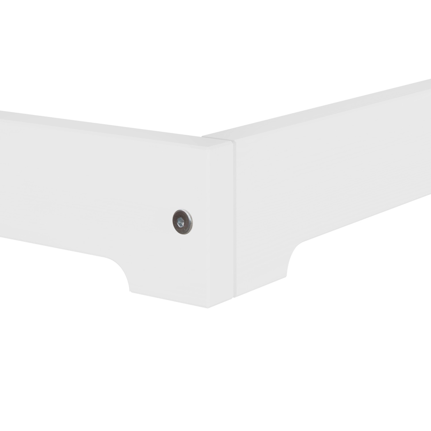 Detailansicht: Weißes Niedrigflurbett (80x200) aus Kiefernholz, Modell 47. Bett ohne Zubehör.