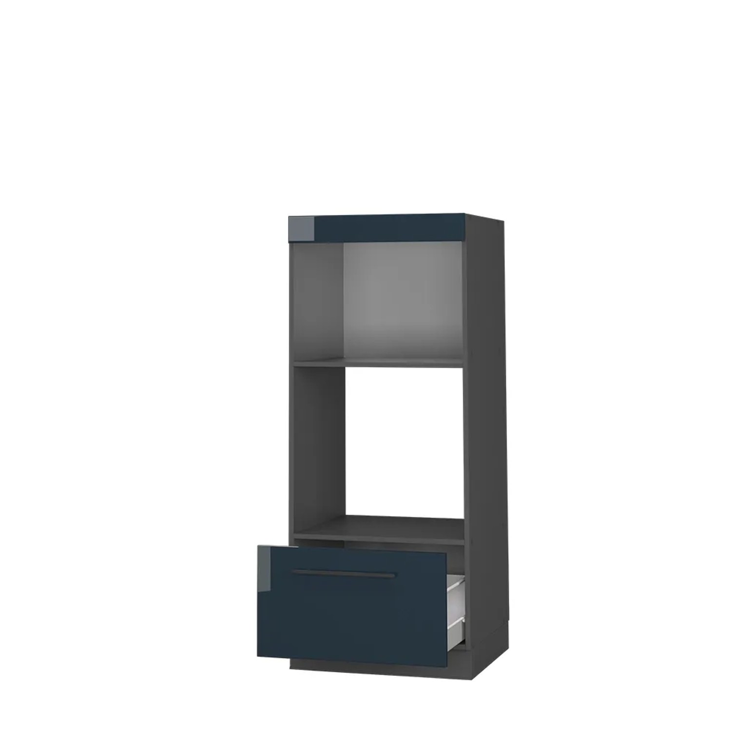 Vicco Mikrowellenschrank Fame-Line, dunkelblau/anthrazit, 60 cm breit, mit offener Ablage und Schublade.